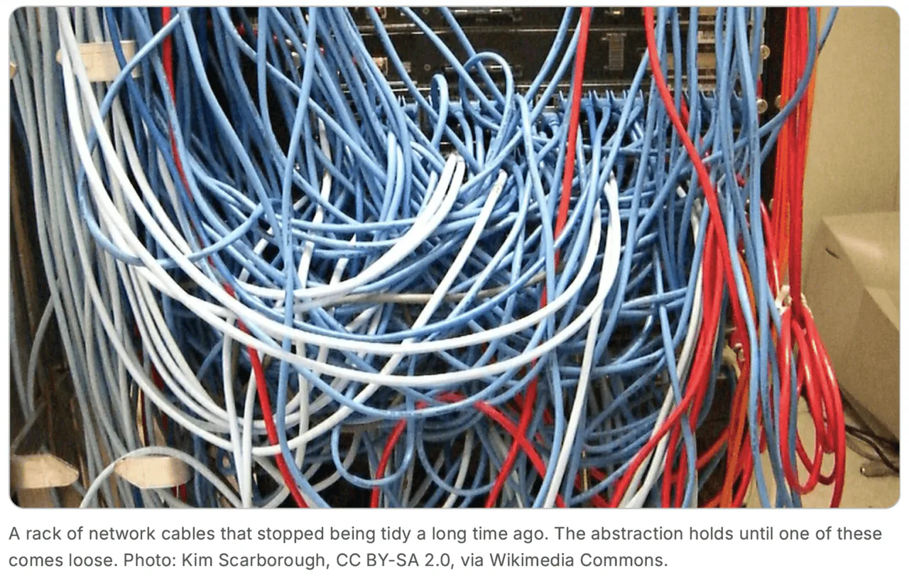 A rack of network cables that stopped being tidy a long time ago.
